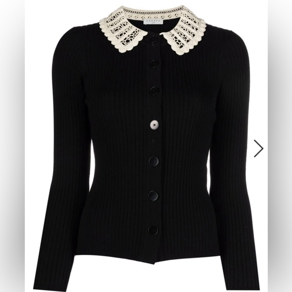 SANDRO Joie Ribbed Cardigan with Crochet Collar Black
